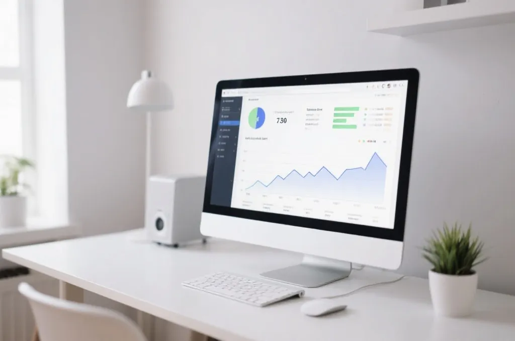 a clean modern workspace with a computer monitor displaying statistics and line charts